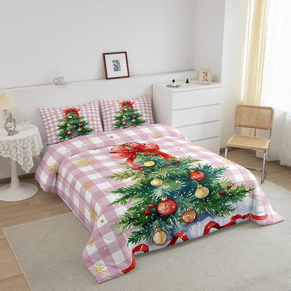 Watercolor Christmas Tree Comforter Set Full Size,Pink Grid Patchwork Bedding Set 3Pcs for Kids Girls Boys Women Room Decor,Gold Snowflake Quilt Set Winter New Year Duvet Insert,2 Pillowcases