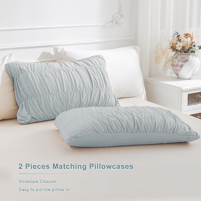Masaca Oversized King Comforter(120"x98"),Light Blue Ruched Ruffle Bedding Comforter Set,3 Pieces Lightweight California King Farmhouse Shabby Boho Chic French Country Bedding Set for All Season