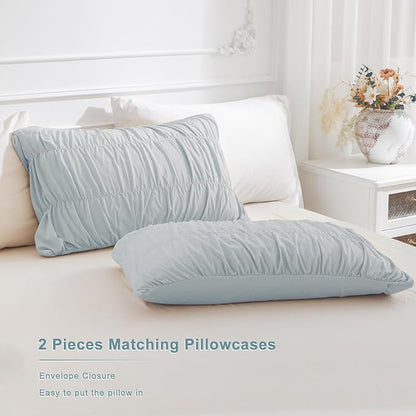 Masaca Queen Comforter Set,Ruched Ruffle Comforter for Queen Bed,3 Pieces Ultra Soft Lightweight Farmhouse Shabby Boho Chic Bedding (1 Light Blue Comforter+2 Pillow Shams)