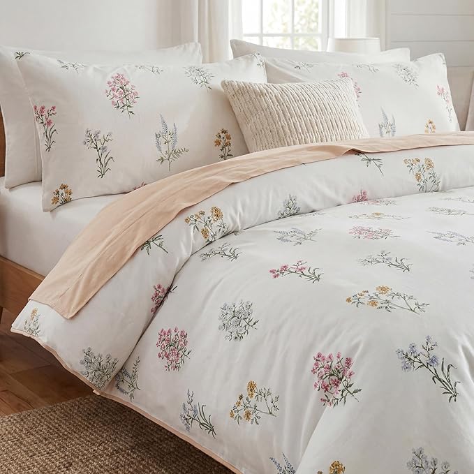 Floral Comforter Set King Size 100% Cotton Bedding Sets Garden Flowers Printed Breathable Soft Comforter 3Pcs Reversible Botanical Flowers Comforter