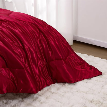 A Nice Night Satin Silky Soft Quilt Sexy Luxury Super Soft Microfiber Bedding Comforter Set, Light Weighted (Red, King)