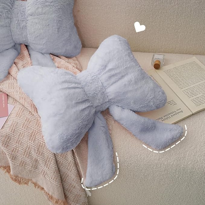 2Pack Soft Furry Bow Throw Pillows Cute Bowknot Plush Pillow Home Decor Stuffed Bow Lumbar Pillow for Bed Couch Living Room Decor (Grey)