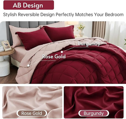MUXHOMO 7 Pieces Full Comforter Set, Reversible Bed in a Bag Full Size, All Season Bedding Set with Comforter, Flat Sheet, Fitted Sheet, Pillowcases & Shams, Burgundy & Rose Gold