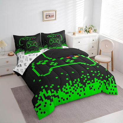 Castle Fairy Video Games 7 Piece Comforter & Sheet Sets Twin Size,Miner Pixel Games Bedding Set Neon Green Block Building Bed in a Bag Modern Black Flat & Fitted Sheets,4 Pillow Covers