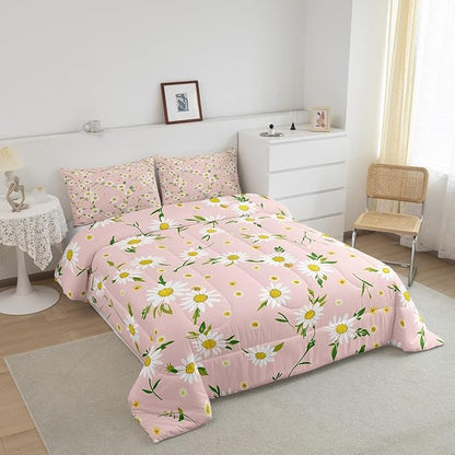 Manfei Daisy Comforter Set King Size, Yellow White Flower Quilt Set with 2 Pillowcases, Botanical Garden Artwork Bedding Set 3pcs for Kids Boy Girls Bedroom Decor Lightweight Duvet Insert