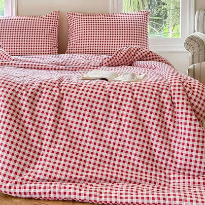 NSNLGSGC Red Gingham Cotton Comforter Set Twin, 100% Washed Cotton Plaid Checked Comforter Bedding, 2 Pieces Vintage Farmhouse Grid Bedding Set(Red Gingham, Twin)
