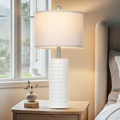 27" Ceramic Table Lamp, Farmhouse Table Lamp for Living Room, White Lamp for Bedroom, Night Stand, Modern Bedside Lamp Set of 2, End Table Lamps, White(2 Bulbs Included)