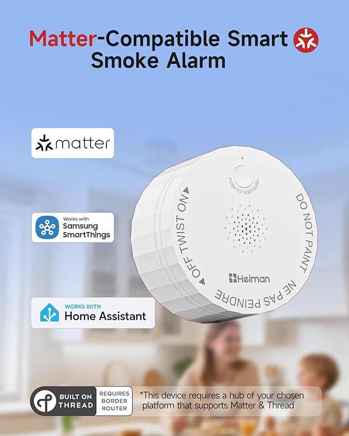 Heiman Matter Smoke Detector, Smart Photoelectric Fire Alarm, Ul217-10th Listed, Battery Powered, Real-Time Notification, Compatible with Smartthings, Home Assistant, Mini Portable for Home RV Travel