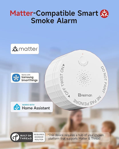 Heiman Matter Smoke Detector, Smart Photoelectric Fire Alarm, Ul217-10th Listed, Battery Powered, Real-Time Notification, Compatible with Smartthings, Home Assistant, Mini Portable for Home RV Travel