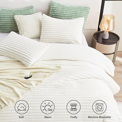 CozyLux Fluffy Full Size Comforter Sets - Super Soft Faux Fur Cream White Comforter Full Size, Winter Warm Fleece Bedding Set, 3 Pieces Plush Fuzzy Bed Set (1 Shaggy Comforter, 2 Pillowcases)