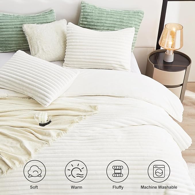 CozyLux Fluffy King Size Comforter Set - Super Soft Faux Fur Cream White Comforter King Size, Winter Warm Fleece Bedding Set, 3 Pieces Plush Fuzzy Bed Set (1 Shaggy Comforter, 2 Pillowcases)
