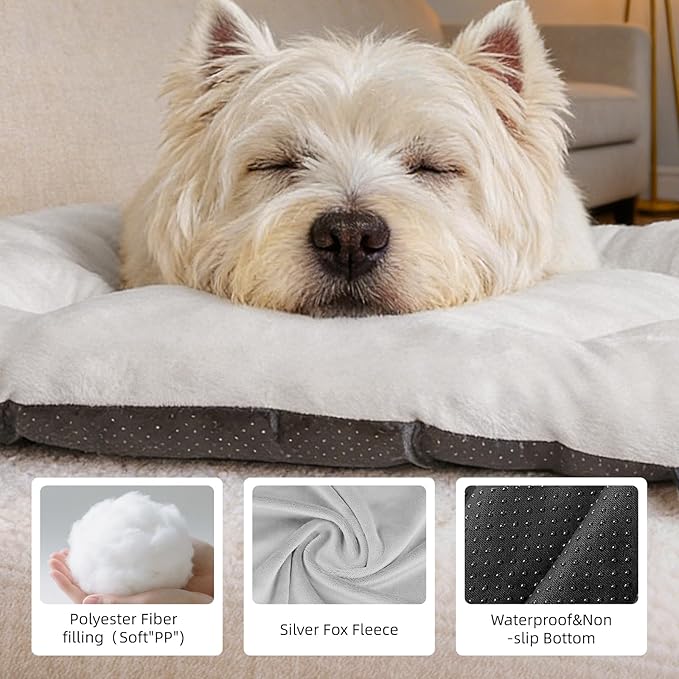 Dog Bed for Small Dogs & Cats 23”x17”, Non-Slip Washable Faux Silver Fox Fur Crate Pad, Durable Oval Pet Mat, Light Grey