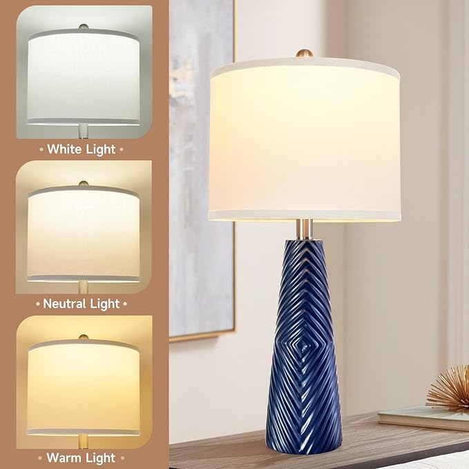 Terpsichore Nightstand Lamp Bedside Lamps Set of 2 Vintage Rustic Farmhouse Table Lamp 3 Way Dimmable Horizontal Stripe Light,for Living Room Bedroom,USB A+C (Blue, High 24 Inch)