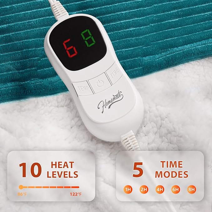 Homemate Electric Heated Blanket Full Size - 72"x84" Heating Blanket Full Size 1/2/4/6/8 Hours Auto-Off 10 Heat Level Over-Heat Protection Soft Flannel Sherpa ETL Certification