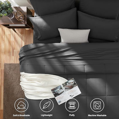 CozyLux Twin Comforter Set with Sheets Dark Grey, 5 Pieces Bed in a Bag, Dark Gray Comforter Twin Size, All Season Bedding Set with Stitch Quilted Comforter, Flat Sheet, Fitted Sheet, Pillowcases