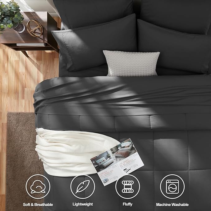 CozyLux California King Comforter Sets Dark Grey, 7 Pieces Cal King Bed in a Bag, All Season Bedding Sets with Stitch Quilted Comforter, Flat Sheet, Fitted Sheet, Pillowcases
