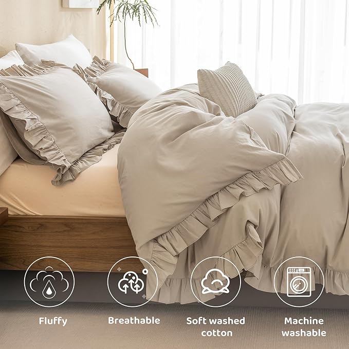 Sanracie Queen Comforter Sets, Cotton Ruffled Boho Comforter Set Queen 3 Pieces Linen Feel Farmhouse Vintage Shabby Boho Chic Bedding Soft Lightweight Bed Set for All Season