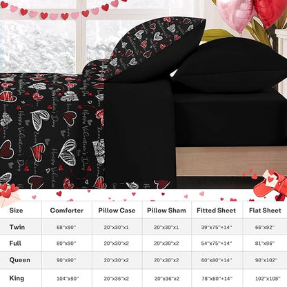 Nesker 7 Pcs Valentine's Day Comforter Set Queen Size, Romantic Heart Love Bedding Set for Kids and Adults, Sweet Kawaii Cartoon Sheets Bed Sheet Sets with Fitted Sheet 2 Pillowcases & 2 Shams
