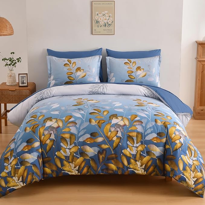 Anibedding 7 Pieces King Size Comforter Set, Blue Gold Botanical Gradient Leaves Ultra Soft Microfiber Down Alternative Bedding Set with Sheets and Pillowcase for All Season