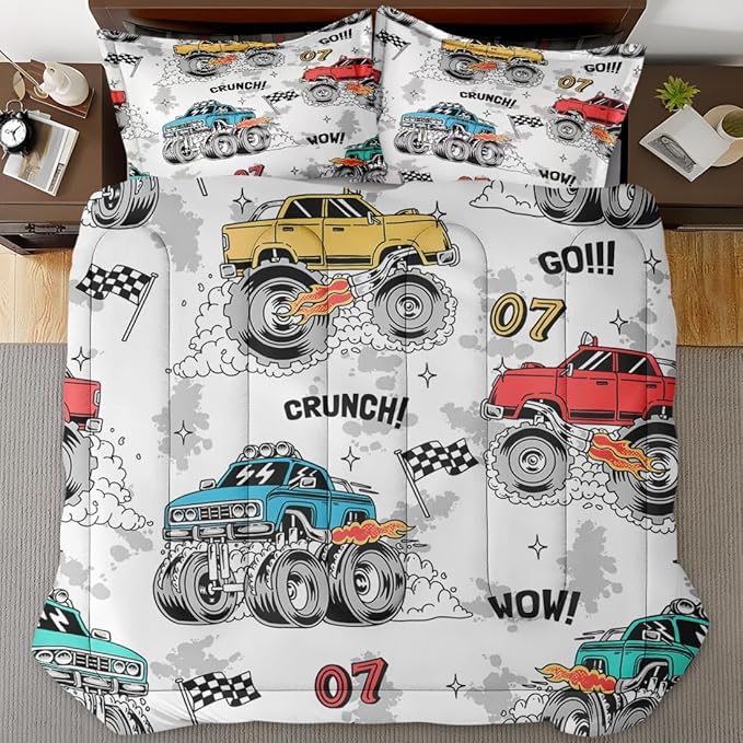 Trucks Car Race Comforter Set for Boys Kids Toddlers Teens Adults Full, Cool Vehicle Wheel Bedding Sets Water Washed Microfiber Bedding with 1 Comforter 2 Pillowcase All Season