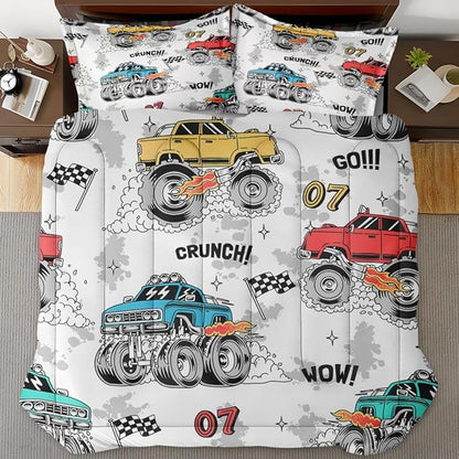 Trucks Car Race Comforter Set for Boys Kids Toddlers Teens Adults King, Cool Vehicle Wheel Bedding Sets Water Washed Microfiber Bedding with 1 Comforter 2 Pillowcase All Season