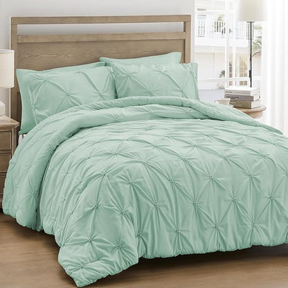UNIKOME King Size Comforter Set Sage Green - Ultra Soft Boho Pintuck Down Alternative Bedding Set for All Seasons, 3 Pieces Lightweight Warm Pinch Pleat Bed Set with Comforter, 2 Pillowcases