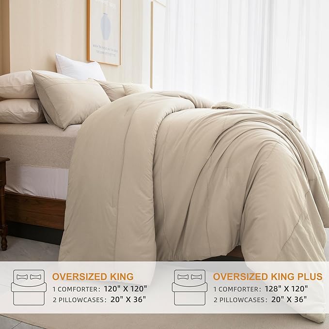 Sanracie Oversized King Comforter 128 * 120, Cotton Comforter King Size Extra Large Pinch Pleat Stripe Pattern,Solid Color Wheat Bedding Comforter Set Linen Feel Textured 3pcs Soft Neutral Bedding