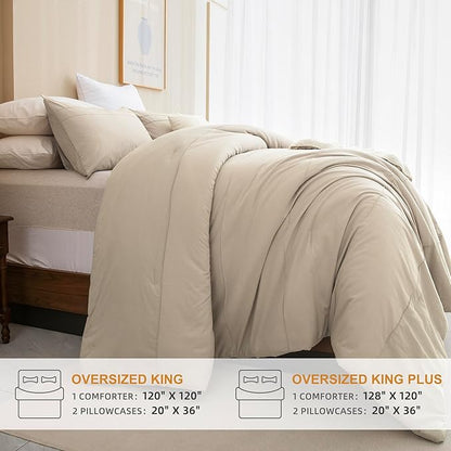Sanracie Oversized King Comforter 128 * 120, Cotton Comforter King Size Extra Large Pinch Pleat Stripe Pattern,Solid Color Wheat Bedding Comforter Set Linen Feel Textured 3pcs Soft Neutral Bedding