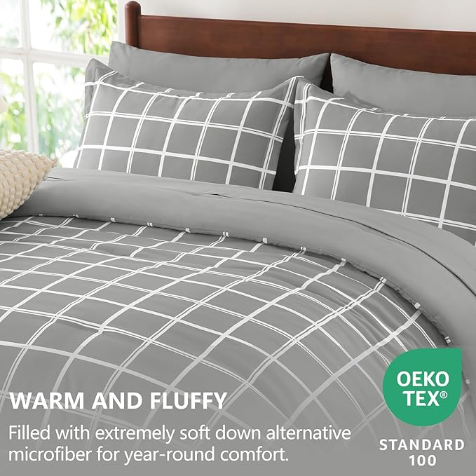 CozyLux Twin XL Comforter Set Grey - 5 Pieces Plaid Bed in a Bag Set, Ultra-Soft Twin XL Bedding Set Bed Set with All Season Quilted Comforter, Flat Sheet, Fitted Sheet, Pillowcase & Pillow Sham