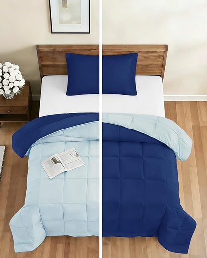 Queen Comforter Set - 3 Piece Bed Set for All Seasons - 1 Soft Quilted Comforter w/ Corner Tabs & 2 Pillow Shams - Comfy, Cozy & Breathable - Premium Down Duvet Insert - Queen Size, Navy Blue/Sky Blue