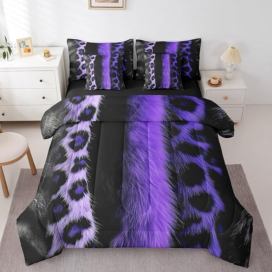 jejeloiu 3D Purple Leopard 7 Piece Bedding Set King Size Adult Leopard Comforter Set with Sheets for Boys Girls Animal Print Bed in a Bag Wild Animal Fur Bed Set
