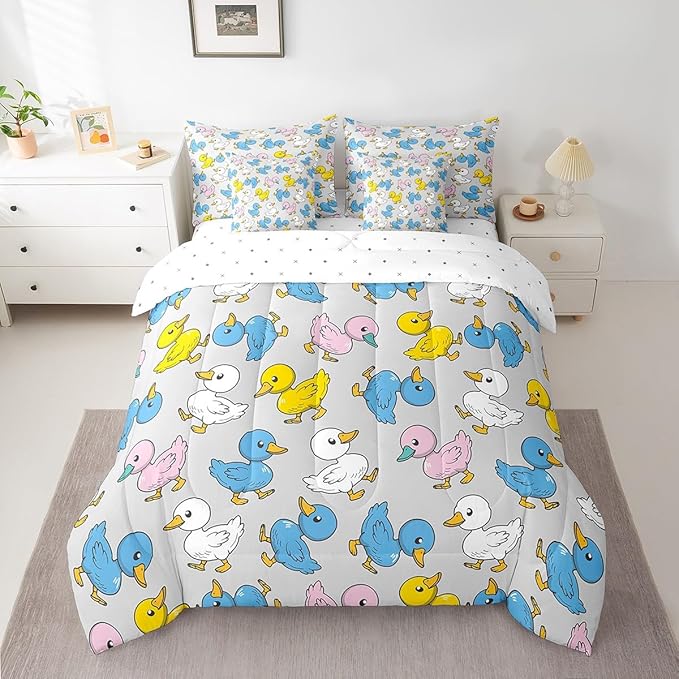 Erosebridal 7 Pcs Duck Comforter Set Full Size,Cartoon Duck Bed in a Bag with Flat Sheet and Fitted Sheet for Kids and Adults,Farm Animal Bedding Set with Pillowcases and Cushion Cases Breathable