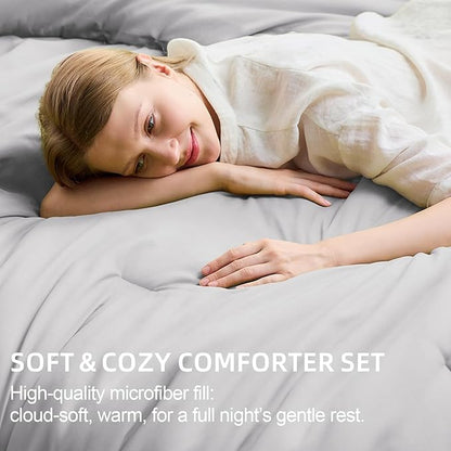 FUANNA Queen Comforter Set Light Grey, 7 Pieces Soft Bedding Sets Queen Size, All Season Lightweight Bed in a Bag with Comforter, Flat Sheet, Fitted Sheet, Pillowcases & Shams