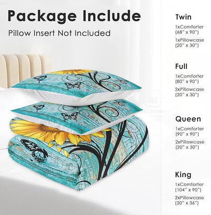 Comforter Set Full Size, Rustic Yellow Sunflower 3 Pcs Soft Bedding Set for Kids and Adults, Teal Wood Wooden Floral Comforter Set with 2 Pillowcases, for Bedroom Bed Decor