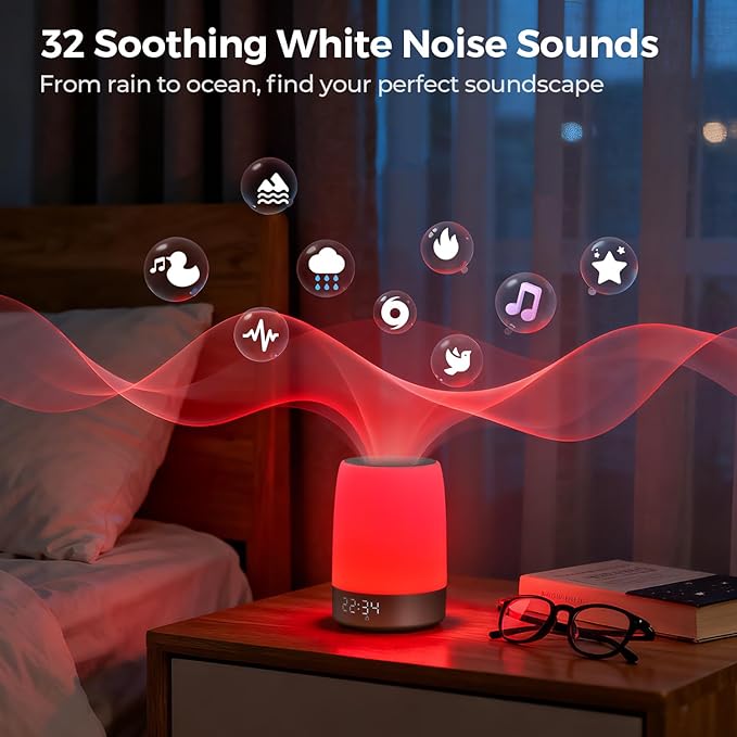 Smart Red Light Therapy Lamp & Sleep Sound Machine for Bedroom with Alarm Clock, 32 White Noises Sound Machine, Night Light with App Control, 5-Level Red Light (620–690nm), 2600mAh Battery（Large）