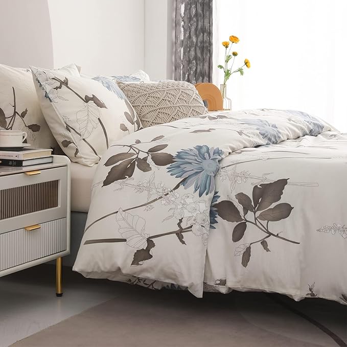 SLEEPBELLA Comforter Twin Size, 600 Thread Count Cotton Brown Branches and Blue Flowers Off-White Comforter Sets, Down Alternative Bedding Set 2Pcs(Twin, Off-White Botanical)