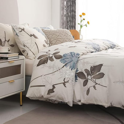 SLEEPBELLA Comforter Twin Size, 600 Thread Count Cotton Brown Branches and Blue Flowers Off-White Comforter Sets, Down Alternative Bedding Set 2Pcs(Twin, Off-White Botanical)