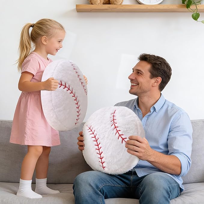 Baseball Pillow, Soft Fluffy Baseball Plush Pillow Round Stuffed Sports Throw Pillows, Baseball Shaped Decorative Throw Pillow for Sofa, Bedroom, Sports Room, Home Decor Gifts 15.7"