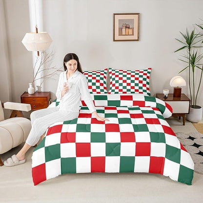 Checkered Christmas Comforter Set Twin Size Red Green Plaid Bedding Set for Kids Boys Girls Geometric Vintage Duvet Quilt Modern Simple Groovy Aesthetic Bedroom Decor 2 Pcs with 1 Pillow Cases