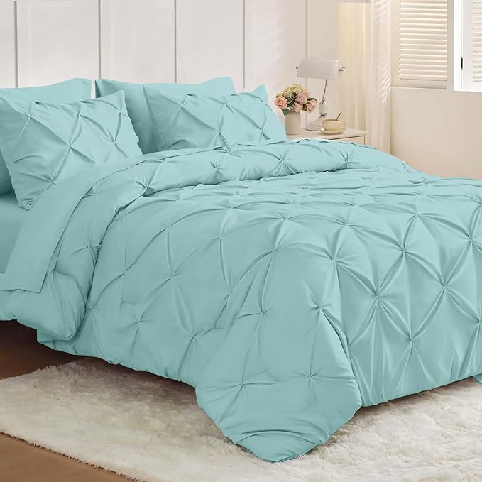 JOLLYVOGUE Queen Comforter Set 7 Pieces - Bed in a Bag Queen for All Season, Pintuck Bedding Comforter Sets with Comforter, Flat Sheet, Fitted Sheet and Pillowcases & Shams, Lake Blue