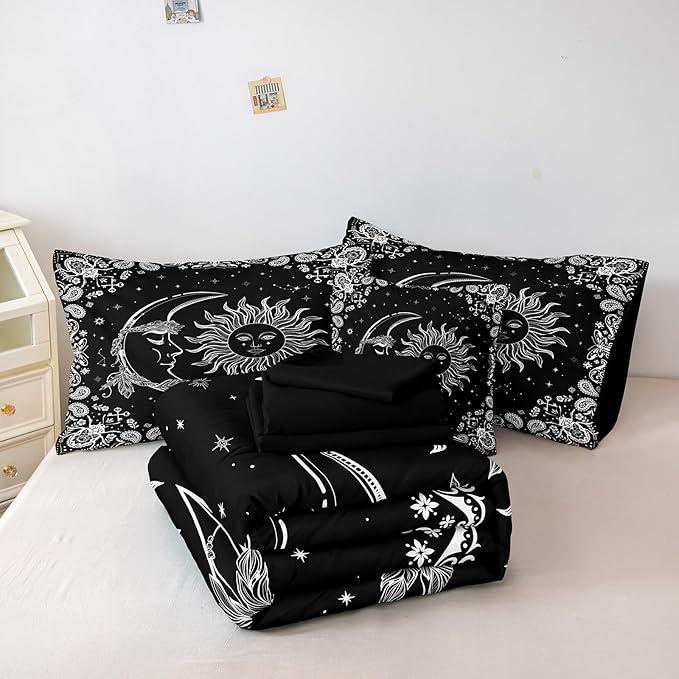 Sun and Moon Comforter Set 8 Pcs Black White Paisley Bedding Sets Stars Starry Sky Galaxy Theme Boho Comforter Paisley Floral Exotic Bedding Comforter King Bed in A Bag