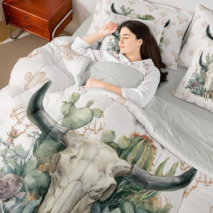 Erosebridal Aztec 7 Piece Bedding Set Full Bull Skull Comforter Set with Sheets Western Desert Cactus Succulents Pattern Bed in a Bag Deer Skull Hand Drawn for Teens Men Women