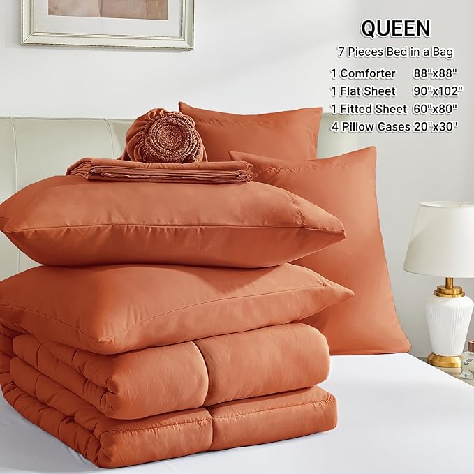 SunStyle Home Burnt Orange Full/Queen Comforter Set - 7 Pieces Bed in a Bag, Lightweight Goose Down Alternative Bedding Sets with All Season Comforter, 1 Flat Sheet, 1 Fitted Sheet, 4 Pillowcases