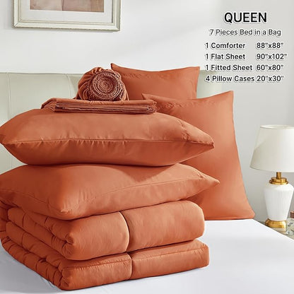 SunStyle Home Burnt Orange Full/Queen Comforter Set - 7 Pieces Bed in a Bag, Lightweight Goose Down Alternative Bedding Sets with All Season Comforter, 1 Flat Sheet, 1 Fitted Sheet, 4 Pillowcases