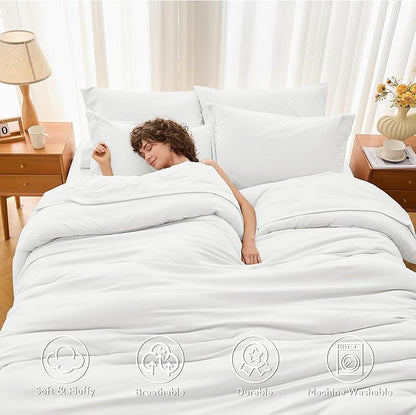 MUXHOMO 7 Pieces Full Comforter Set, Soft Bed in a Bag Full Size, All Season Bedding Set with Comforter, Flat Sheet, Fitted Sheet, Pillowcases & Shams, White