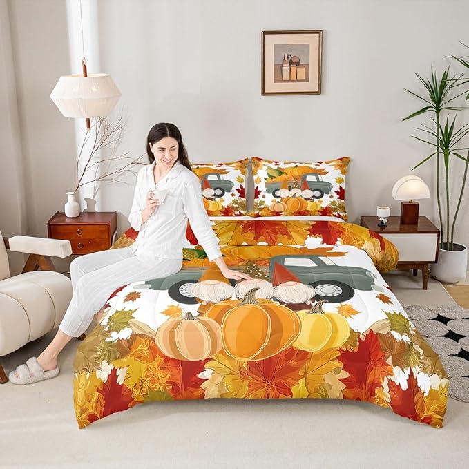Fall Pumpkins Comforter Set Cute Autumn Gnomes Bedding Sets Thanksgiving Harvest Season Theme Comforter Full Gifts For Kids Teen Adults,Maple Leaves Soft Microfiber Quilt Duvet 2 Pillow Cases