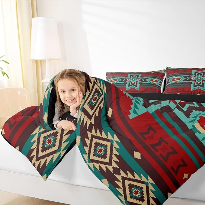Western Comforter Set Full Size,Southwest Tribal Bedding Set Retro Aztec Pattern Quilted Duvet 3pcs for Kids Girls Boys Women Room Decor,Brown Red and Cyan Stripes Duvet Insert,2 Pillowcases