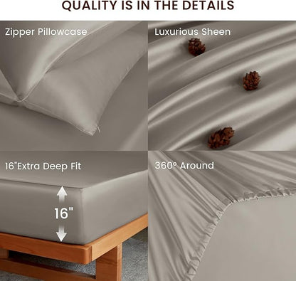 THXSILK Luxury Mulberry Silk Fitted Sheet Set 3 Pcs, Full Silk Bed Sheet Set with 16" Deep Pockets, Soft & Cooling Sheets, 1 Fitted Sheet, 2 Pillowcases with Zipper Closure - Grey
