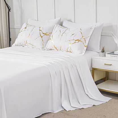 Yogeneg Gold Metallic Marble King Size Comforter Set,7 Piece Bed in a Bag,Foil Print Glitter White Comforter and Sheet Set,All Season Soft Microfiber Complete Bedding Sets(White,King)