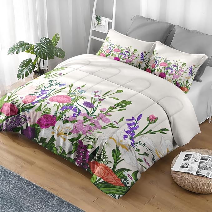 Comforter Set Queen Size, Floral Spring Summer 3 Pcs Soft Bedding Set for Kids and Adults, Flower Botanical Tulip Comforter Set with 2 Pillowcases, for Bedroom Bed Decor